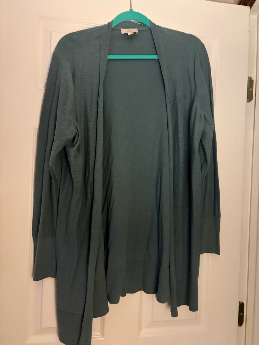 LOFT Open-Front Cardigan in a Soft Greenish Blue